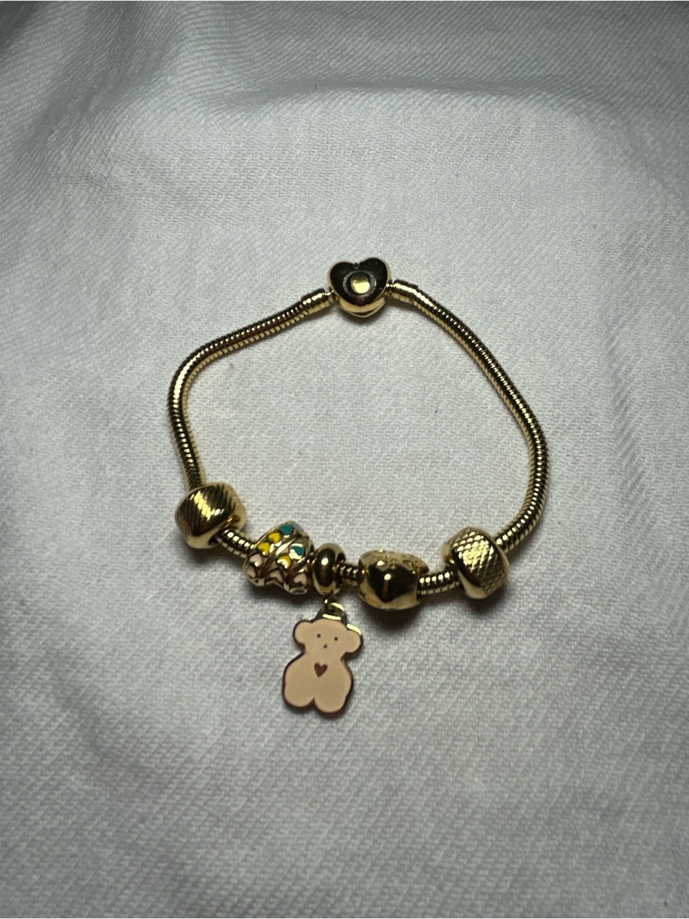 Pandora Gold Charm Bracelet with Pink Bear Enamel Charm